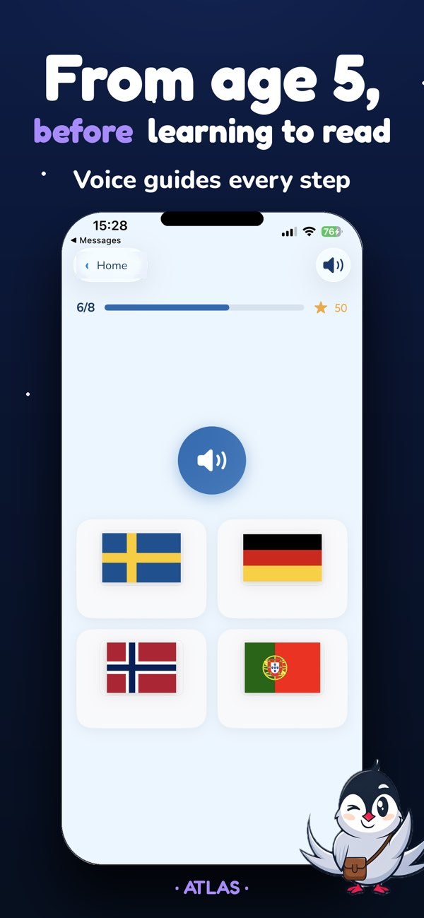 App screen: the voice-guided mode for children who cannot read yet, with four flags to choose from.