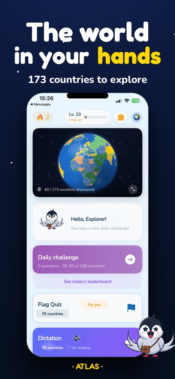 App screen: the world globe in space, with 40 of 173 countries discovered and the tern greeting the player.